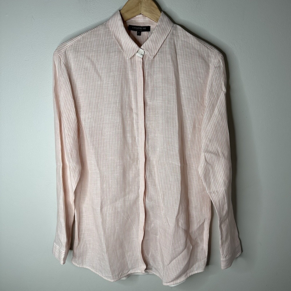 Lafayette 148 Womens Linen Blush Pin Stripe Long Sleeve Button Up Top Blouse 2P - Picture 1 of 10